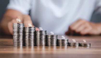 Financial crisis concept with descending coin stacks and percentage symbols, indicating interest rate cuts and a declining economy