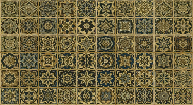 Intricate gold and blue ornamental tiles in a decorative mosaic, showcasing geometric and floral patterns for a luxurious vintage background texture