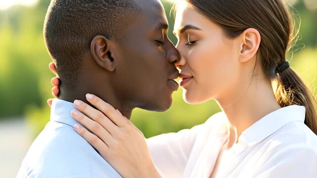 Romantic interracial love, black man and white woman sharing a tender kiss