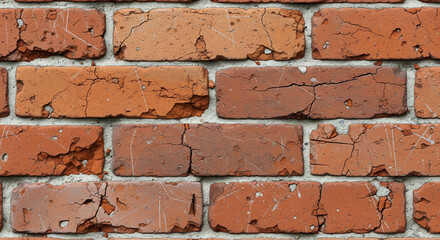 Obraz premium Closeup of a weathered brick wall with visible cracks chips and mortar