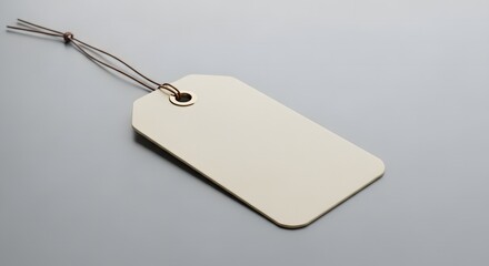 Fototapeta premium A blank, cream-colored price tag with a string, resting on a smooth grey surface.