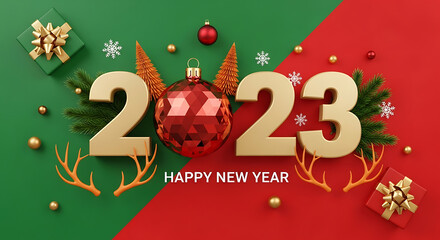 Festive 2023 new year celebration with gifts and ornaments on colorful background