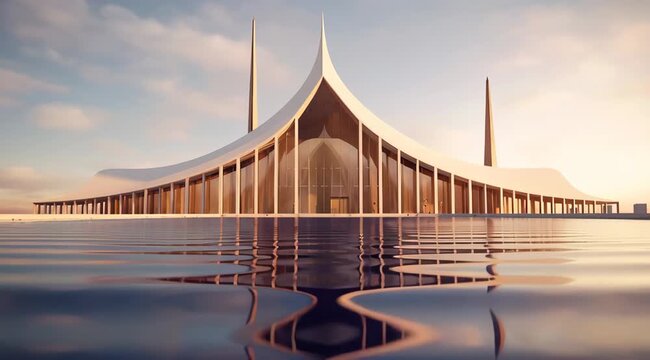 Architectural marvel reflected, a serene lakeside sanctuary, cinematic building with water