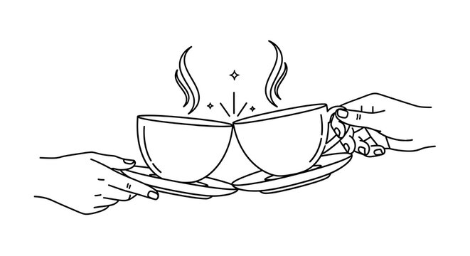 Hands clinking coffee cups in a toast celebration