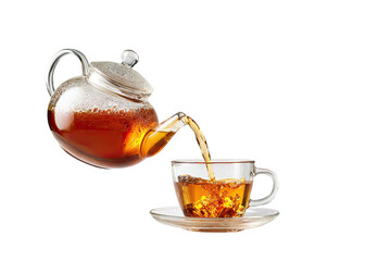 Tea pours from clear teapot to cup
