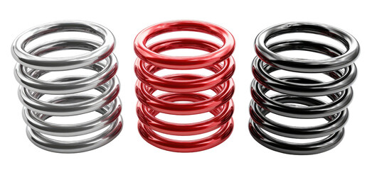 Three springs, silver, red, & black, isolated on black