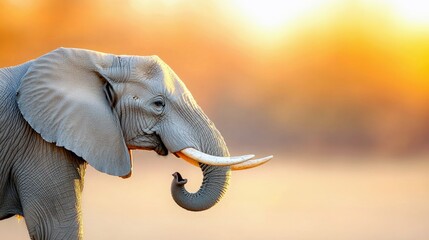A close-up profile of a large, gray elephant with prominent tusks and ears, illuminated by the warm glow of a sunset.