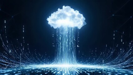 A digital cloud with data streams and binary code on a dark blue background in a technology concept - Powered by Adobe