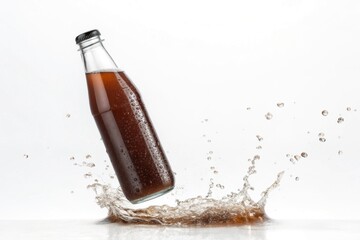 Cold Brew Coffee Bottle Falling with Water Splash on White
