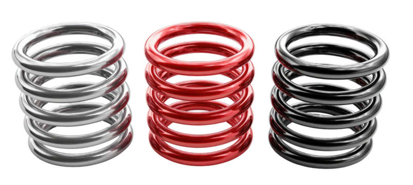 Three springs, silver, red, & black, isolated on black