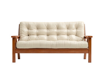 Cushioned beige sofa, wood frame, buttoned upholstery