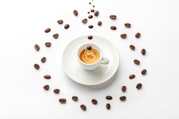 Espresso cup with coffee beans in minimal white advertisement