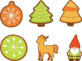 Naklejka premium Colorful Christmas ornaments and decorations including trees, snowflakes, a gnome, and a goat isolated on a transparent background for festive designs and holiday themes