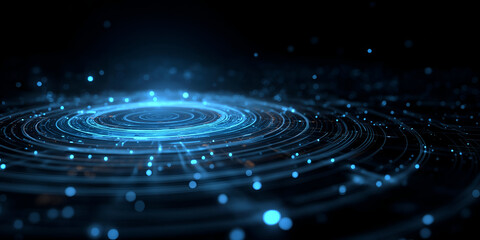 Obraz premium Abstract blue digital circles with glowing particles, representing connectivity, data transmission, and futuristic innovation.