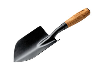 Small garden shovel with wooden handle, black background