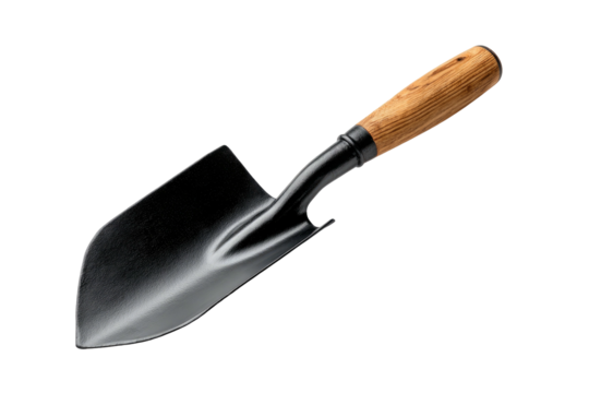 Small garden shovel with wooden handle, black background