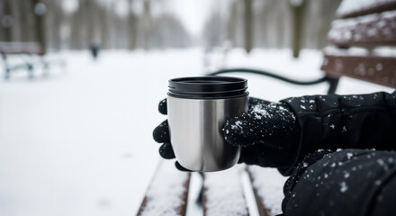 Thermos cup in hand on snowy bench symbolizing peaceful winter pause