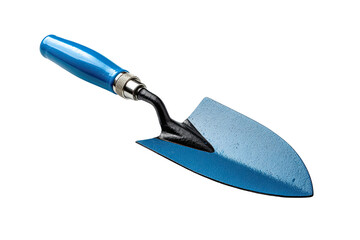 Blue garden trowel; metallic blade, dark handle, isolated