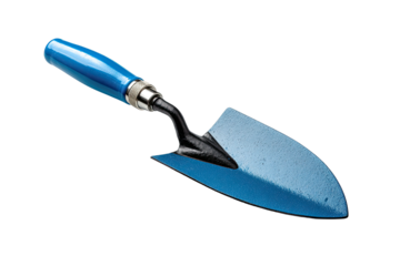 Blue garden trowel; metallic blade, dark handle, isolated