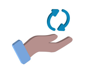 Simple 3D illustration of an icon of a hand holding arrows in a circle, indicating an update.