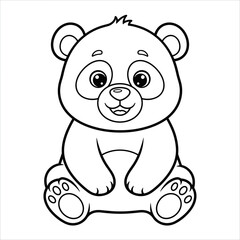 Adorable cartoon baby panda sitting, black and white line art for coloring.