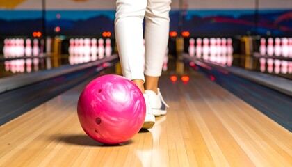 A person in white pants and shoes walks toward the viewer down a wooden bowling lane, ball in front. Behind are lights