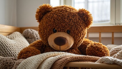 Cute brown teddy bear lying in crib covered with blankets