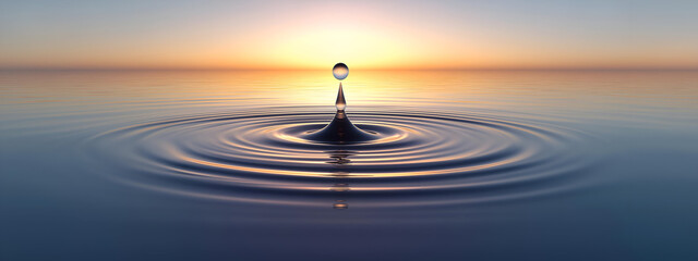 A stunning water drop creates gentle ripples on the surface, reflecting the beauty of nature at sunrise, symbolizing tranquility.