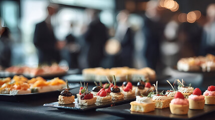 An elegant array of gourmet pastries and appetizers at a modern event, showcasing vibrant colors and exquisite presentation.