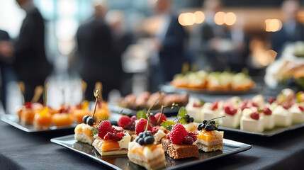 An elegant display of assorted desserts at a social event, showcasing vibrant colors and appealing textures.