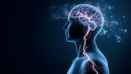 A striking visualization of the human brain, highlighting neural connections and electric activity, symbolizing thought and creativity.