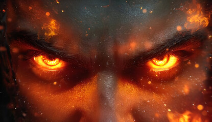 A striking image featuring intense eyes radiating fiery energy, symbolizing power, emotion, and an inner struggle.