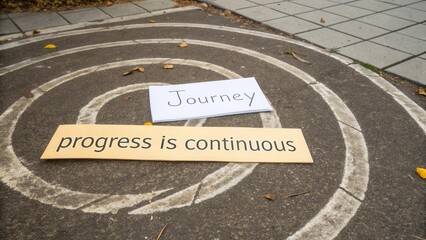 Inspiring journey concept with paper signs emphasizing continuous progress in outdoor setting surrounded by circular path