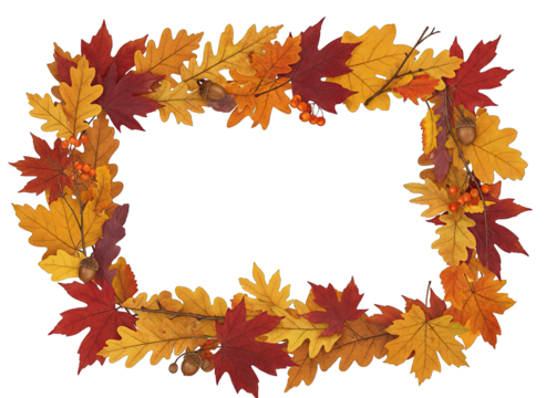 Rectangular Autumn Leaf Border Frame with Acorns and Berries on Black Background with Transparent Center Field for Text