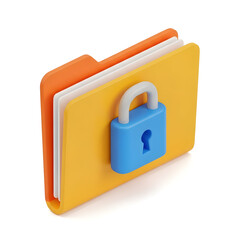 Yellow folder with orange tab and blue padlock on white background file document