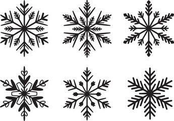 Collection of different black snowflakes on transparent backdrop winter holiday decorative icy frost elements vector graphic illustration 130