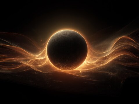 Abstract sphere surrounded by flowing energy trails against a dark backdrop, concept for science visualizations, cosmic background and futuristic technology