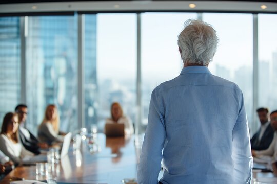 Rear view of senior executive presenting to diverse team in modern conference room, concept for corporate training session, executive mentorship and strategic leadership meeting