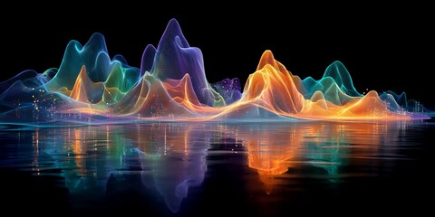 Abstract colorful waveforms reflected on water surface against a dark background, concept for data visualization, scientific research and technology innovation
