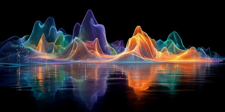 Abstract colorful waveforms reflected on water surface against a dark background, concept for data visualization, scientific research and technology innovation - Powered by Adobe