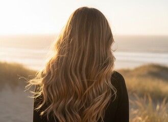 Woman with Long Wavy Hair Gazing at the Ocean at Sunset.