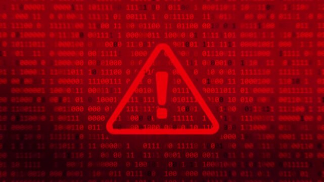 Red digital background with binary code and warning sign indicating a security threat online