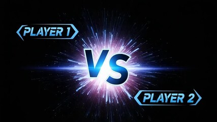 Player one versus player two graphic with blue lightning effect on a black background design
