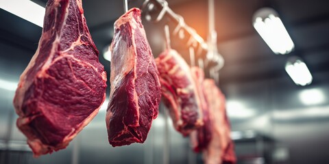 Raw meat cuts hanging in a refrigerated warehouse with bright lights, concept for butchery business, food industry and culinary presentation