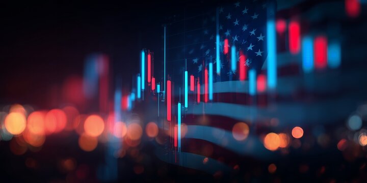 Abstract candlestick chart with blurred American flag and bokeh lights, concept for financial analysis, economic forecast and investment strategy
