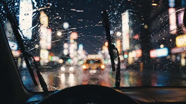 Cinematic POV driving through a rainy city at night with neon lights blurred through a wet windshield and wipers.
