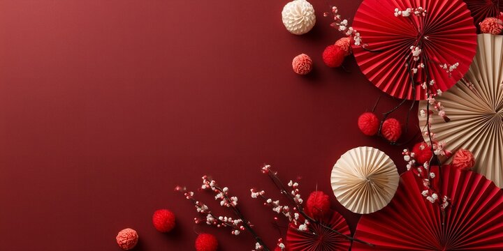 Elegant arrangement of red and gold paper fans with floral accents on deep red backdrop, concept for lunar new year celebrations, festive decorations and chinese cultural events - Powered by Adobe
