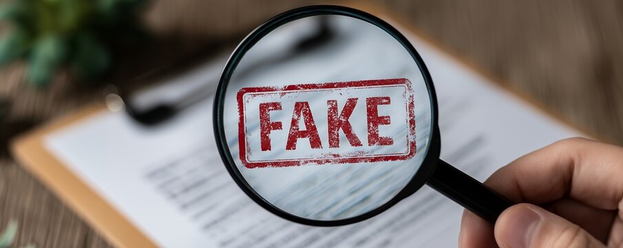 Close-up of a hand holding a magnifying glass over a document stamped with 'FAKE', concept for document verification, fraud detection and investigative journalism