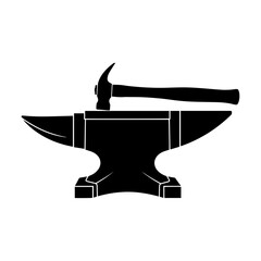 Blacksmiths Anvil and Hammer Silhouette on White Background.