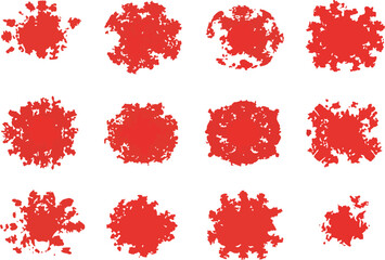 Twelve red blotches arranged in rows each irregular with jagged edges on a white background